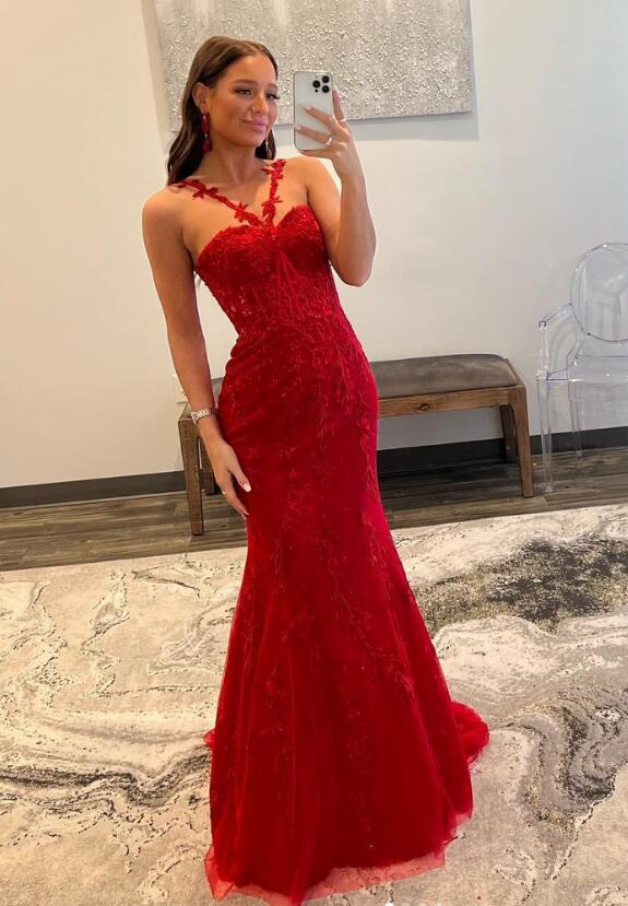 2023 Red Lace Long Prom Dress,Homecoming Dresses,BP879