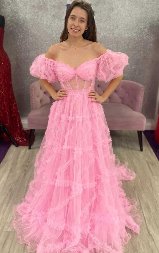 2023 Off the Shoulder Tulle Long Prom Dress,Homecoming Dresses,BP881