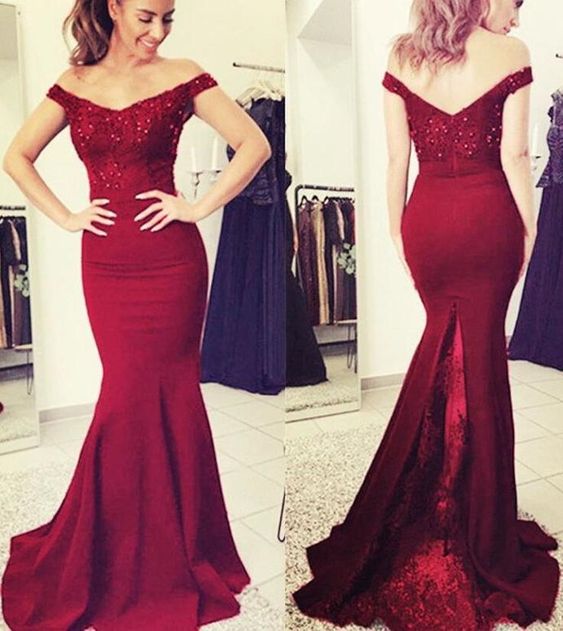 Off Shoulder Mermaid Long Prom Dress with Applique and Beading, Popular Bridesmaid Dress ,Fashion Wedding Party Dress PDP0028