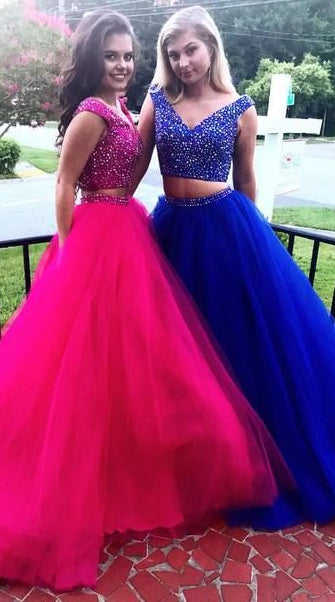 V-neck Two Pieces Long Prom Dress with Beading,Fashion School Dance Dress PDP0139