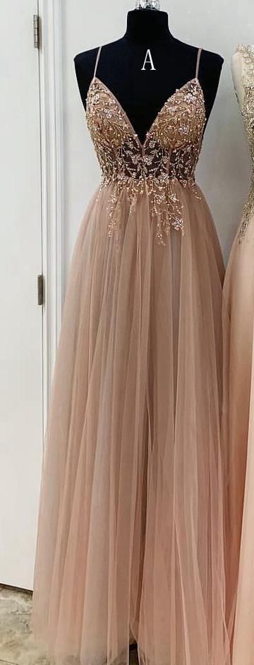 Fantastic Tulle A-line Beaded Long Prom Dress with Straps PDP0330