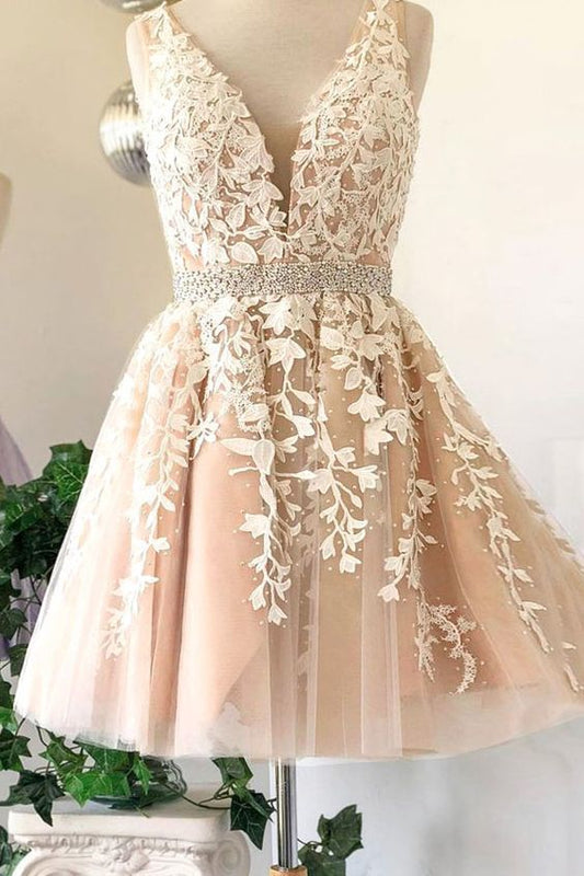 V Neck Homecoming Dress With Applique and Beading, Popular Short Prom Dress ,Fashion Dancel Dress PDH0011