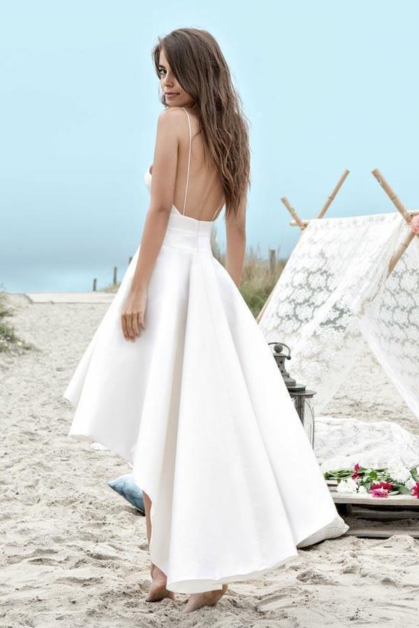 Simple V-Neck Sleeveless Spaghetti Straps High Low Beach Wedding Dresses With Pockets,PDW111