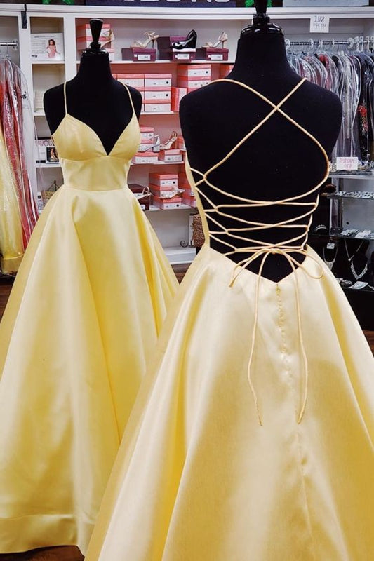Yellow Simple Long Prom Dresses with Lace up Back 8th Graduation Dress School Dance Winter Formal Dress PDP0500