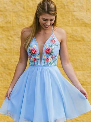 Cute A Line V Neck Short Homecoming Dresses with Embroidery,School Dance Dress,BP207