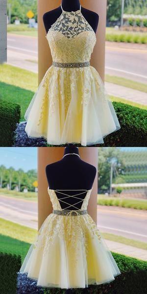 Halter Neck Lace Homecoming Dresses,Short Prom Dresses,Dance Dress BP468