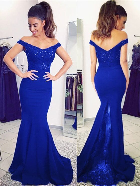 Off Shoulder Mermaid Long Prom Dress with Applique and Beading, Popular Bridesmaid Dress ,Fashion Wedding Party Dress PDP0029