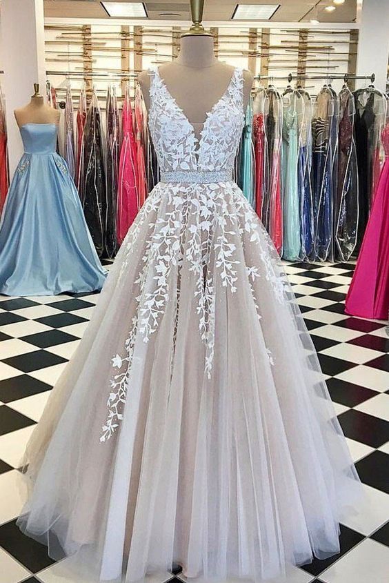 V-neck Long Prom Dress with Applique and Beading, Popular Eveing Dress ,Fashion Winter Formal Dress PDP0020