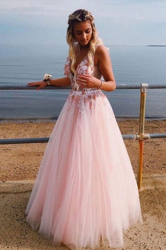 V-neck Tulle Long Prom Dress with Appliques and Beading,Popular Evening Dress,Fashion Winter Formal Dress,BP155
