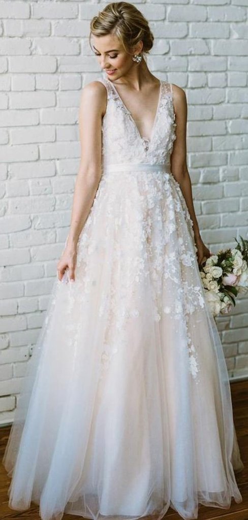 V-neck A-line Lace/Tulle Beach Wedding Dresses,Fashion Custom made Bridal Dress,PDW081