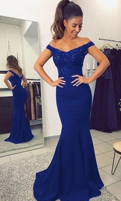 Off Shoulder Mermaid Long Prom Dress with Applique and Beading, Popular Bridesmaid Dress ,Fashion Wedding Party Dress PDP0029