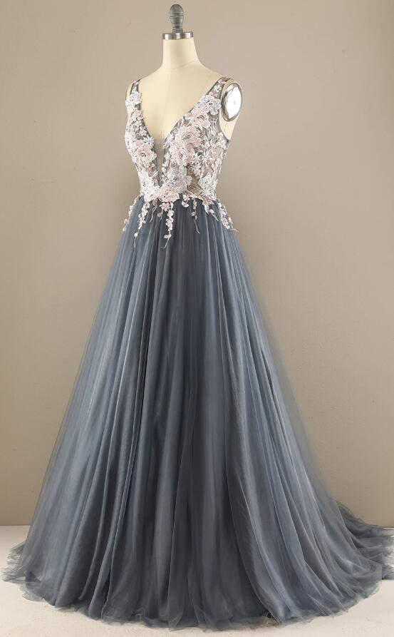 V-neck Tulle/Lace Long Prom Dress,Popular Evening Dress,Fashion Formal Dress,BP209