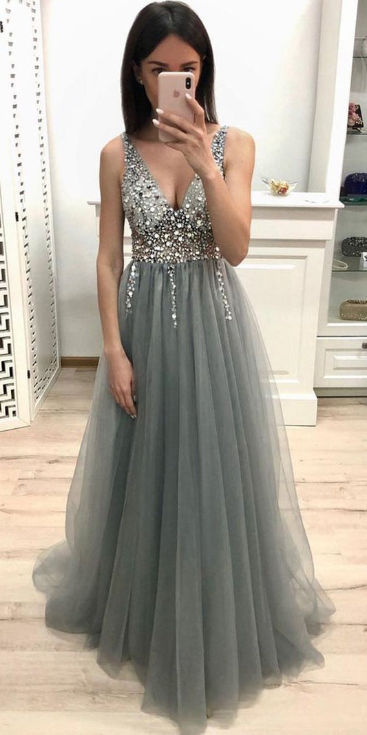 V-neck Sexy Long Prom Dress With Beading, Sweet 16 Dance Dress ,Fashion Winter Formal Dress PDP0004