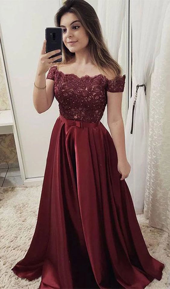 Off Shoulder Long Prom Dresses with Applique and Beading Fashion School Party Dress Winter Dance Dress PDP0389