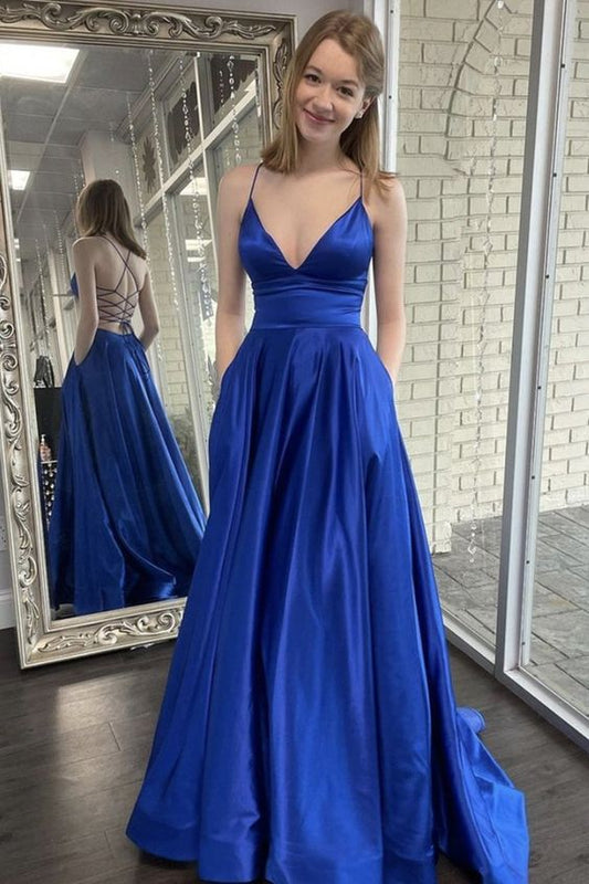 A Line V Neck Backless Royal Blue Satin Long Prom Dress with Pocket,Backless Long Royal Blue Formal Evening Dress,Graduation Dress,BP165
