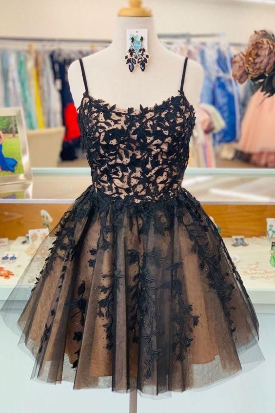 Black Tulle Short Prom Dresses with Appliques and Beading,Homecoming Dresses,BP314