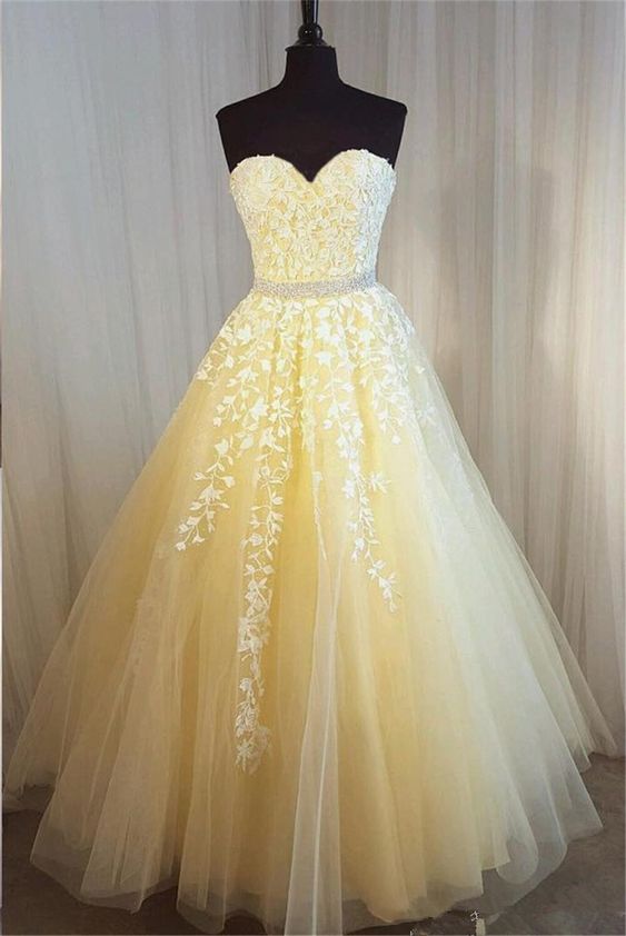 Yellow Sweetheart Long Prom Dresses with Applique and Beading 8th Graduation Dress School Dance Winter Formal Dress PDP0484