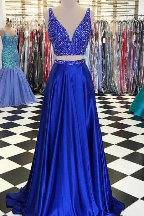 Two Pieces Long Prom Dresses with Beading Fashion School Dance Dress W ...