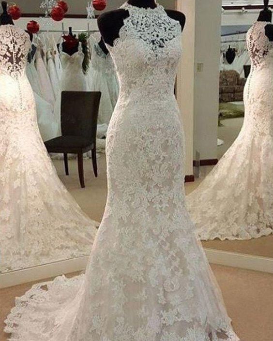 High Neck Mermaid Lace Wedding Dresses,Custom Made Bridal Dresses,PDW120
