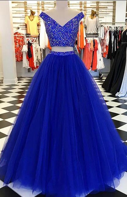 Two Pieces Long Prom Dresses with Beading Fashion School Dance Dress Winter Formal Dress PDP0413