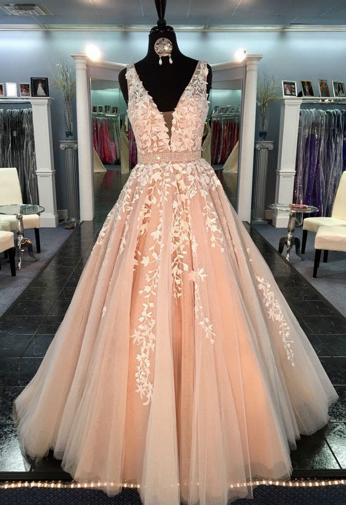 V-neck Long Prom Dresses with Applique and Beading 8th Graduation Dress School Dance Winter Formal Dress PDP0503