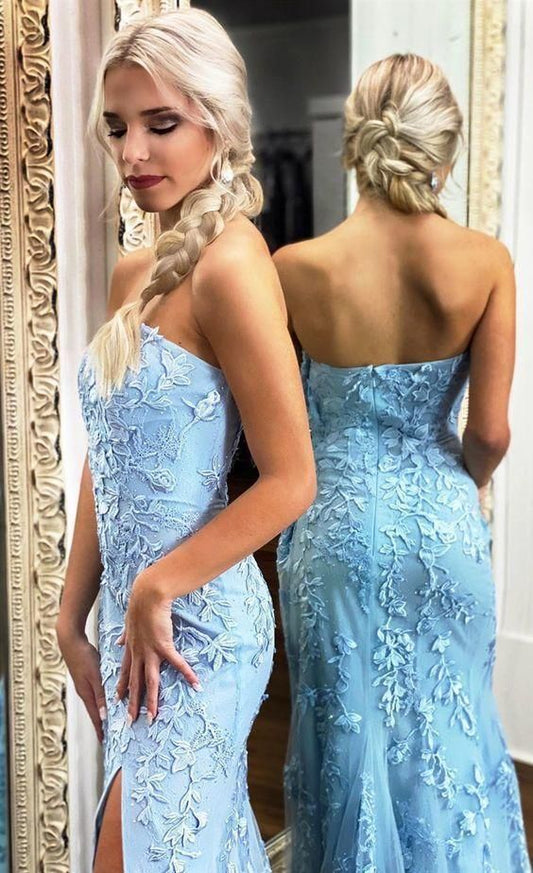 Strapless Mermaid Lace Long Prom Dresses with Slit,Sky Blue Formal Dress,BP412