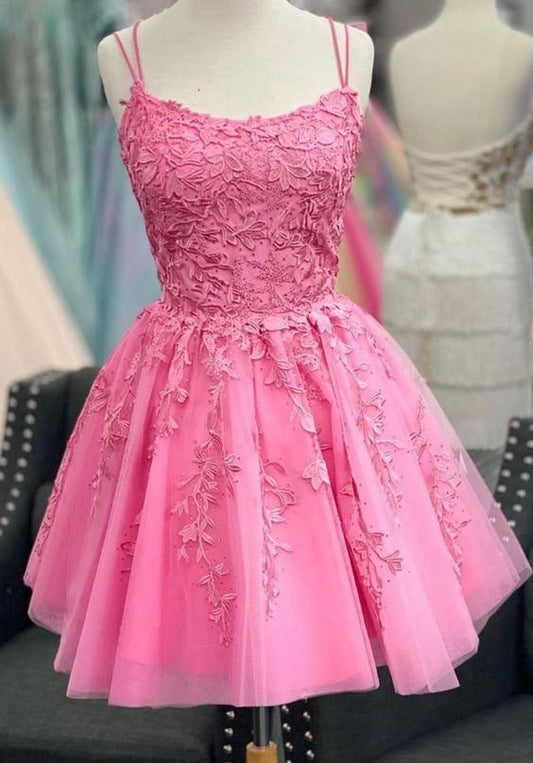 Short Tulle Homecoming Dresses With Appliques And Beading,Short Prom Dresses BP494