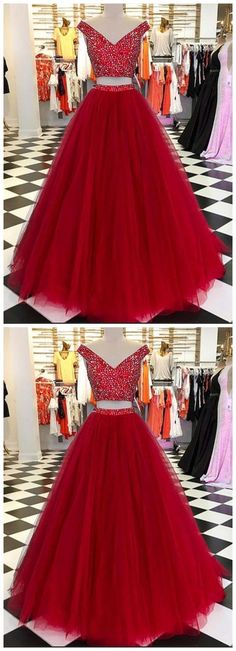 Two Pieces Long Prom Dresses with Beading Fashion School Dance Dress Winter Formal Dress PDP0413
