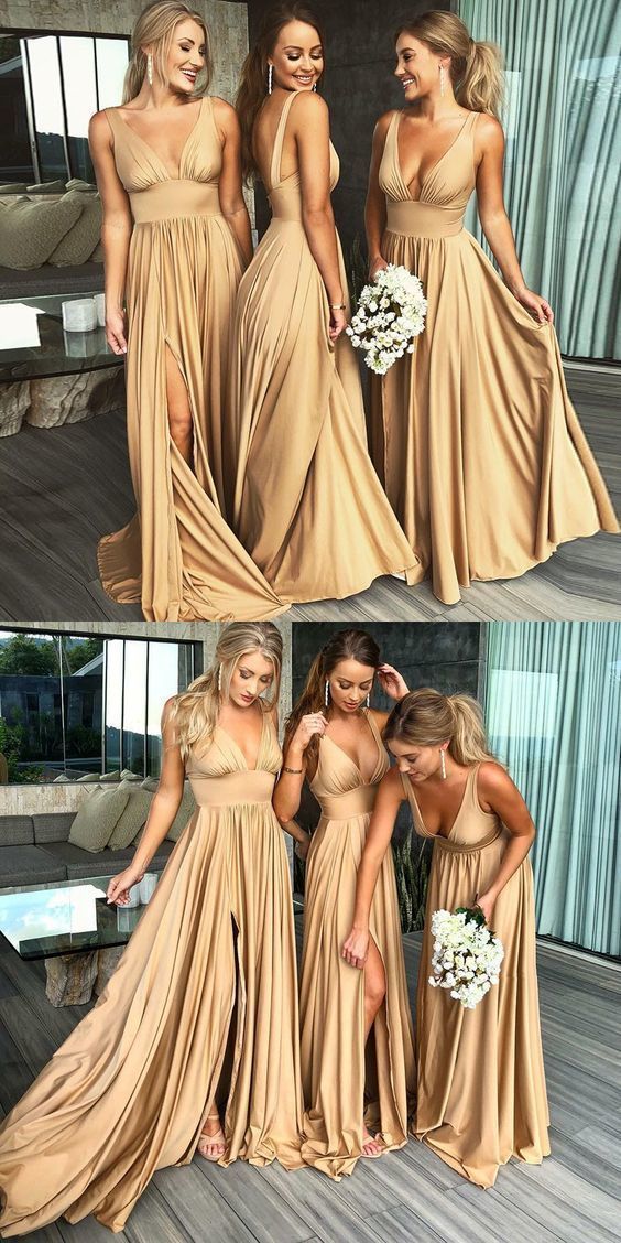 Sexy V-Neck A-Line Floor Length Bridesmaid Dress with Split PDB016