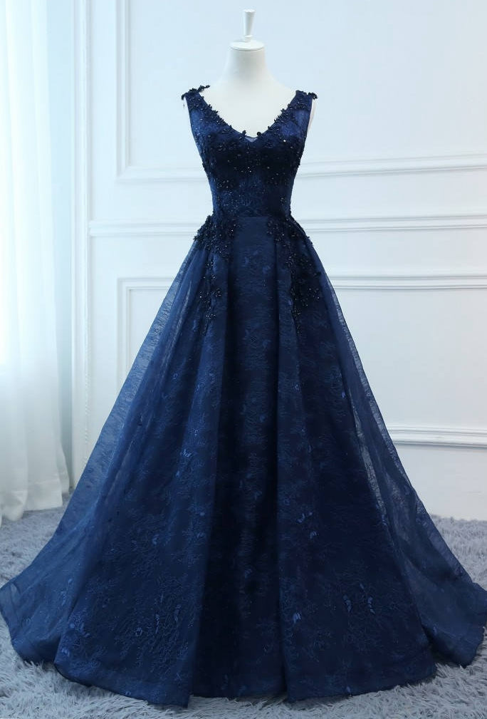 V-neck Lace Long Prom Dress With Applique and Beading,Fashion Winter Formal Dress PDP0150