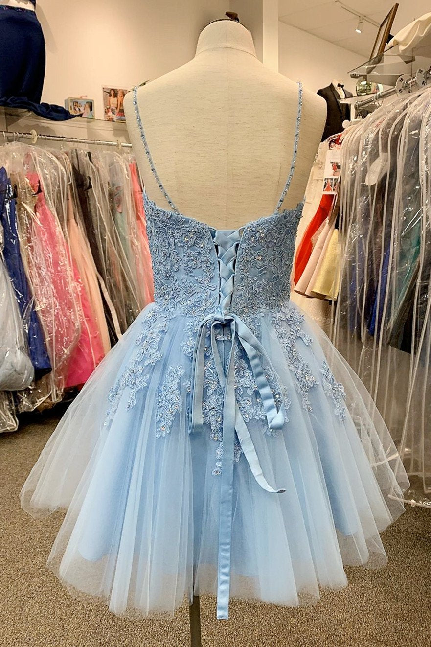 V-neck Tulle Homecoming Dresses with Appliques and Beading,Short Prom Dresses BP485
