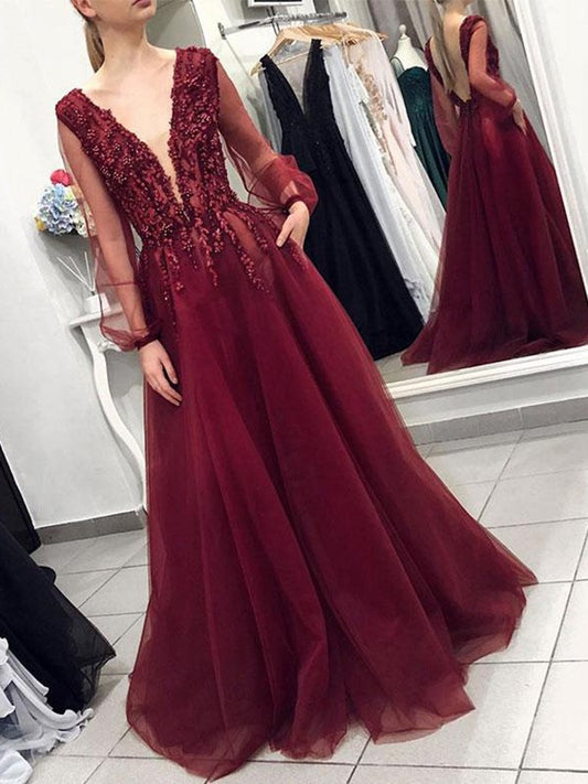 Beaded Long Prom Dress with Sleeves, Popular Evening Dress ,Fashion Wedding Party Dress PDP0069
