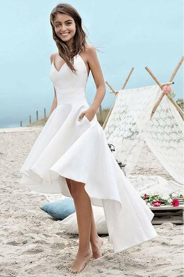 Simple V-Neck Sleeveless Spaghetti Straps High Low Beach Wedding Dresses With Pockets,PDW111